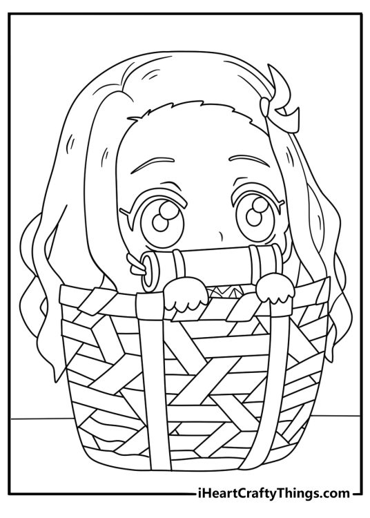 A chibi Nezuko climbs from a wicker storage basket in this kawaii sheet