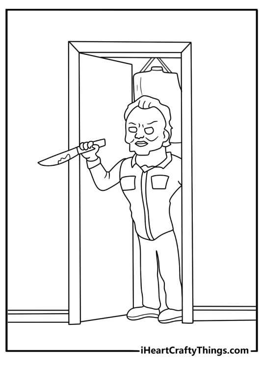 A closet door slowly opens to reveal Michael in this suspense coloring printable