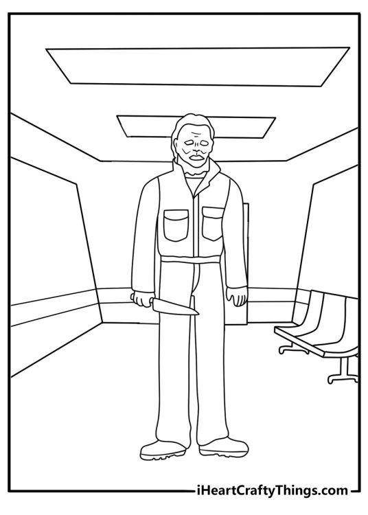 A dark hospital hallway frames Michael Myers in this horror coloring sheet