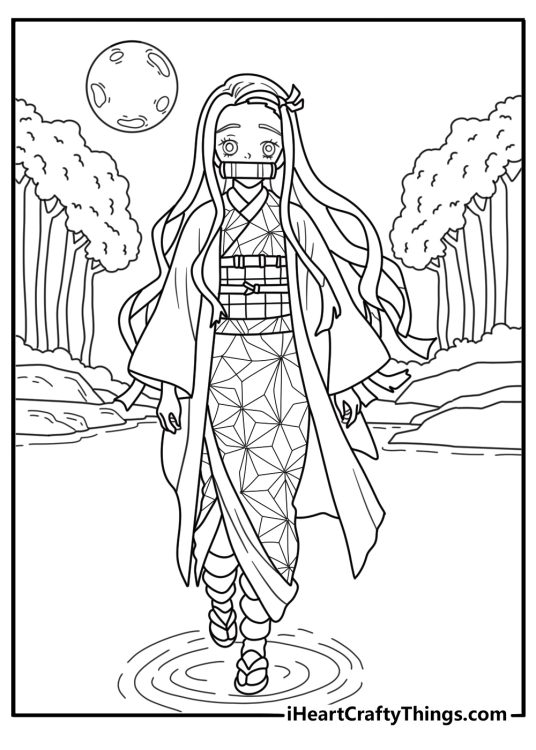 A moonlit forest surrounds Nezuko in this free coloring sheet