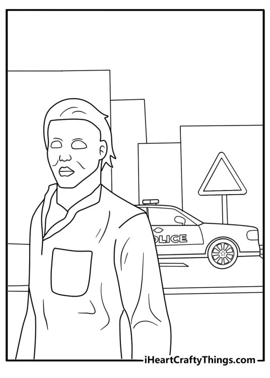 A police car passes Michael on a dark Haddonfield road in this printable