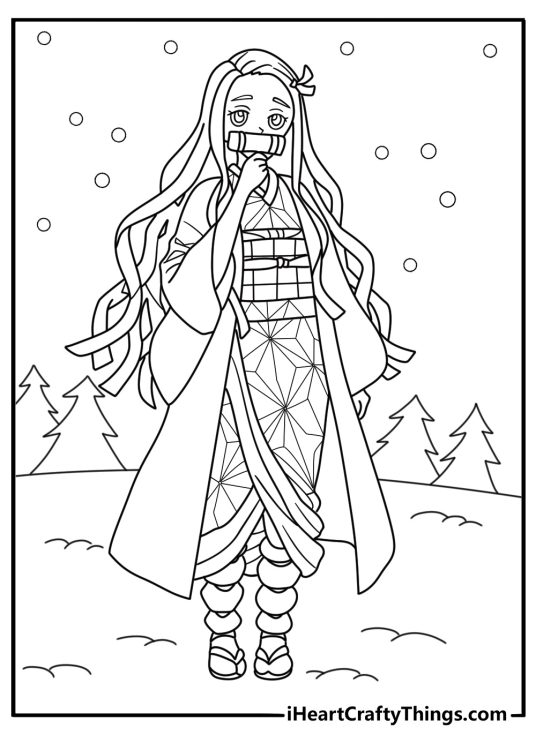 A simple anime coloring sheet shows Nezuko walking through deep snow