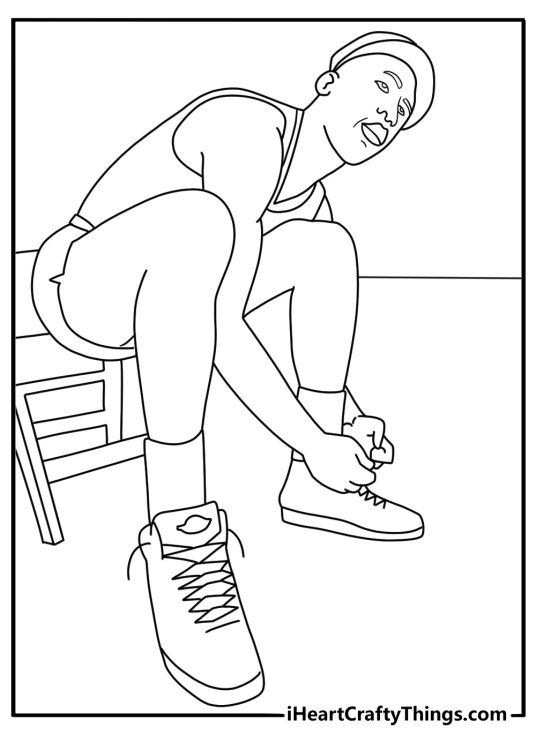A simple coloring sheet shows Michael Jordan tying his shoes courtside