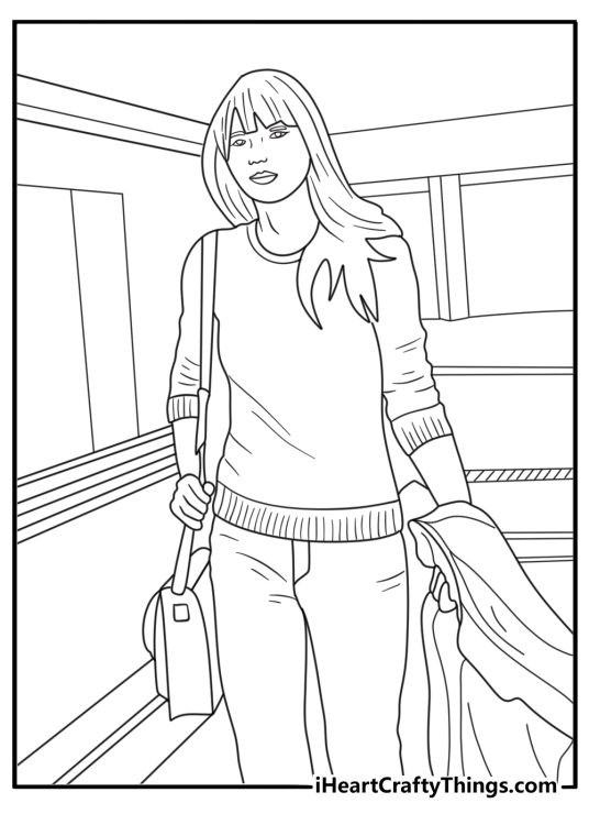Airport scene with Taylor Swift and a tour suitcase covered in travel stickers Taylor Swift coloring page
