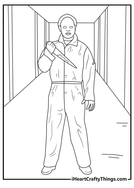 An abandoned school hallway leads toward Michael in this scary coloring sheet