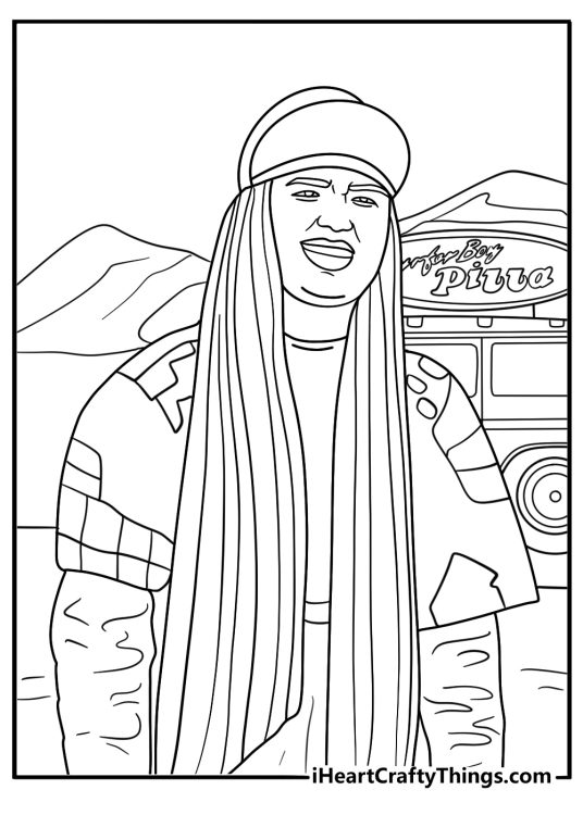 Argyle driving the Surfer Boy Pizza van with big hair relaxed vibe coloring sheet pdf