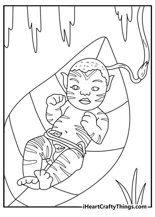 Avatar coloring page of a Na vi child bonding with small forest creature simple printable for kids