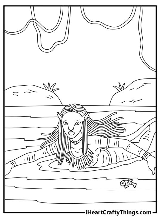 Avatar way of water coloring page with Na vi swimming among reef fish