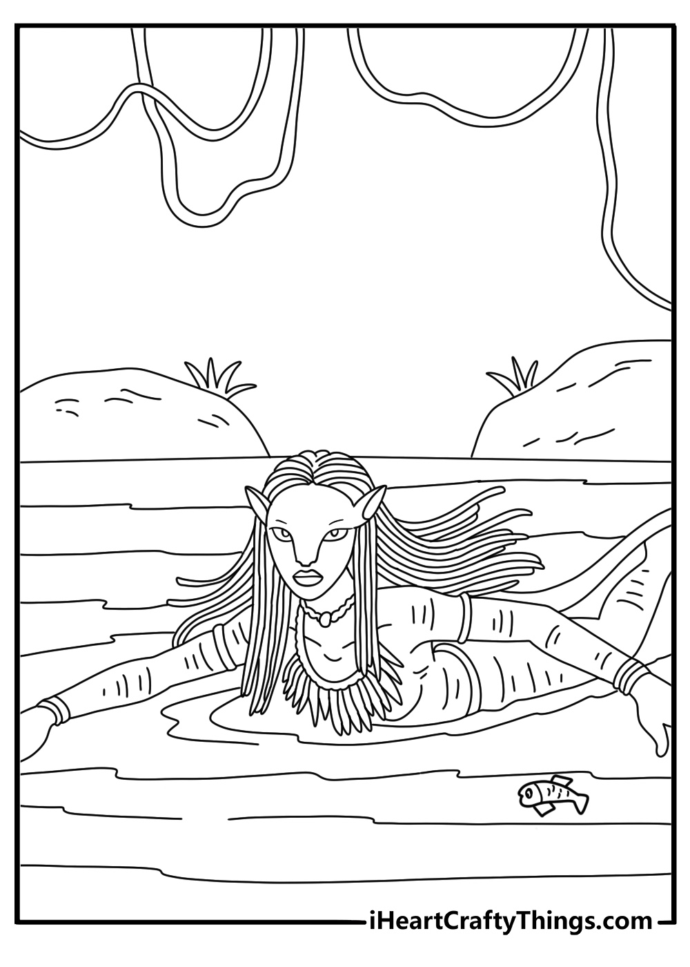 Avatar way of water coloring page with Na vi swimming among reef fish