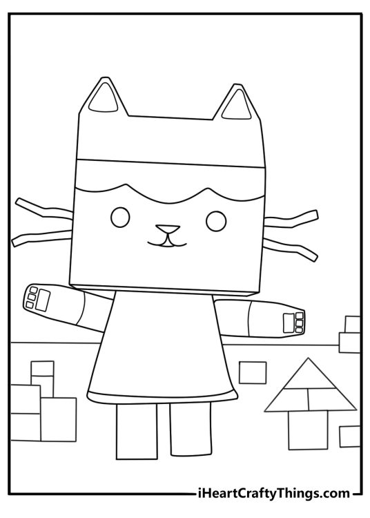 Baby Box Cat building tower from toy blocks simple Gabby cat coloring page