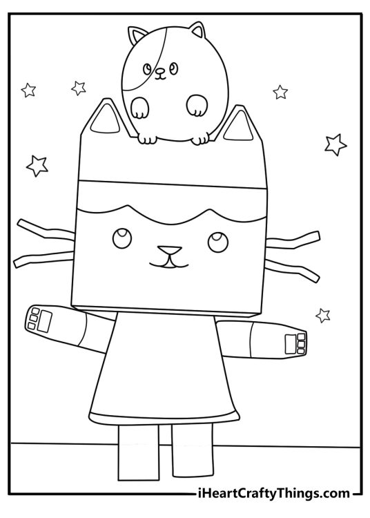 Baby Box Cat popping out of surprise gift box kawaii coloring sheet for kids