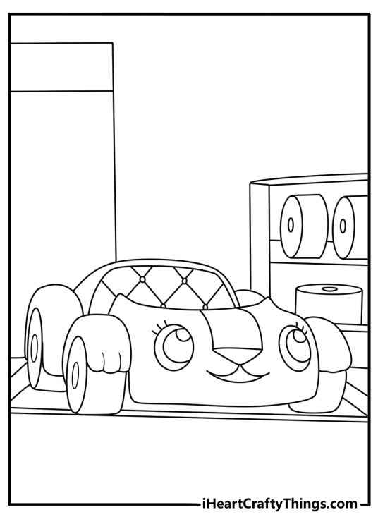 Carlita parked in dollhouse garage with tools and tire rack simple coloring sheet