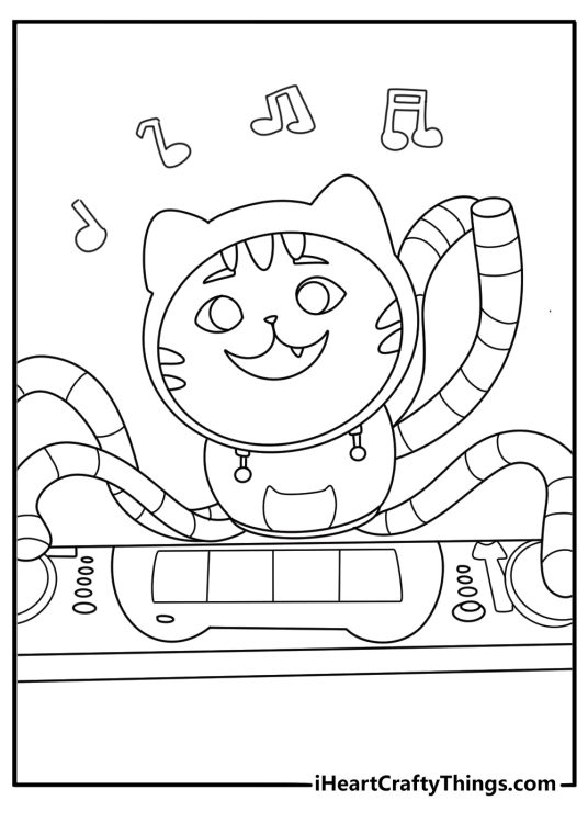DJ Catnip playing keyboard on stage with music notes printable coloring page