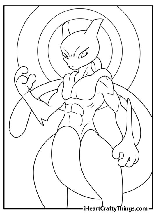 Detailed Mewtwo coloring page with psychic waves around its hands