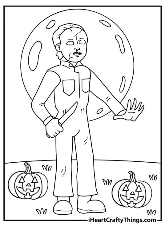 Detailed Michael Myers coloring page showing his cracked mask after a long Halloween night