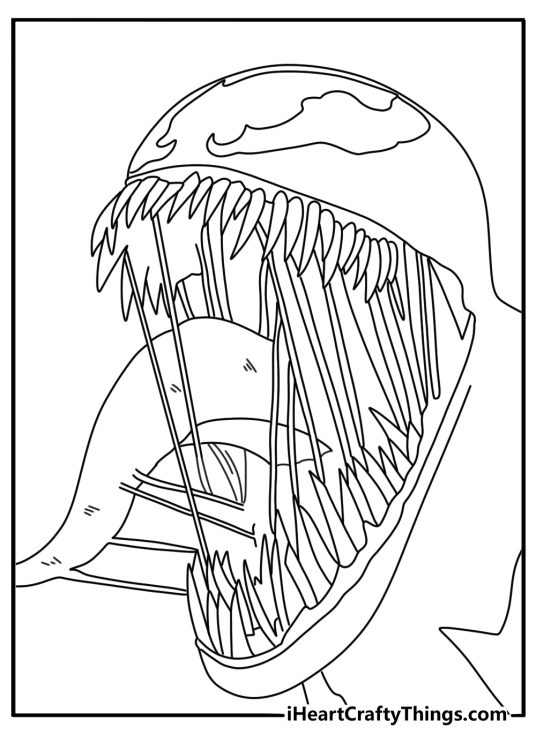 Detailed Venom coloring page with sharp teeth and long tongue close up