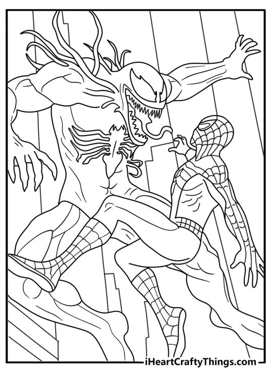 Detailed Venom printable with Venom and Spider Man facing off in the city