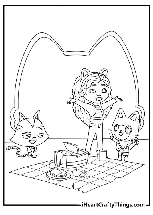 Dollhouse rooftop picnic with blanket and snack basket Gabbys Dollhouse coloring page