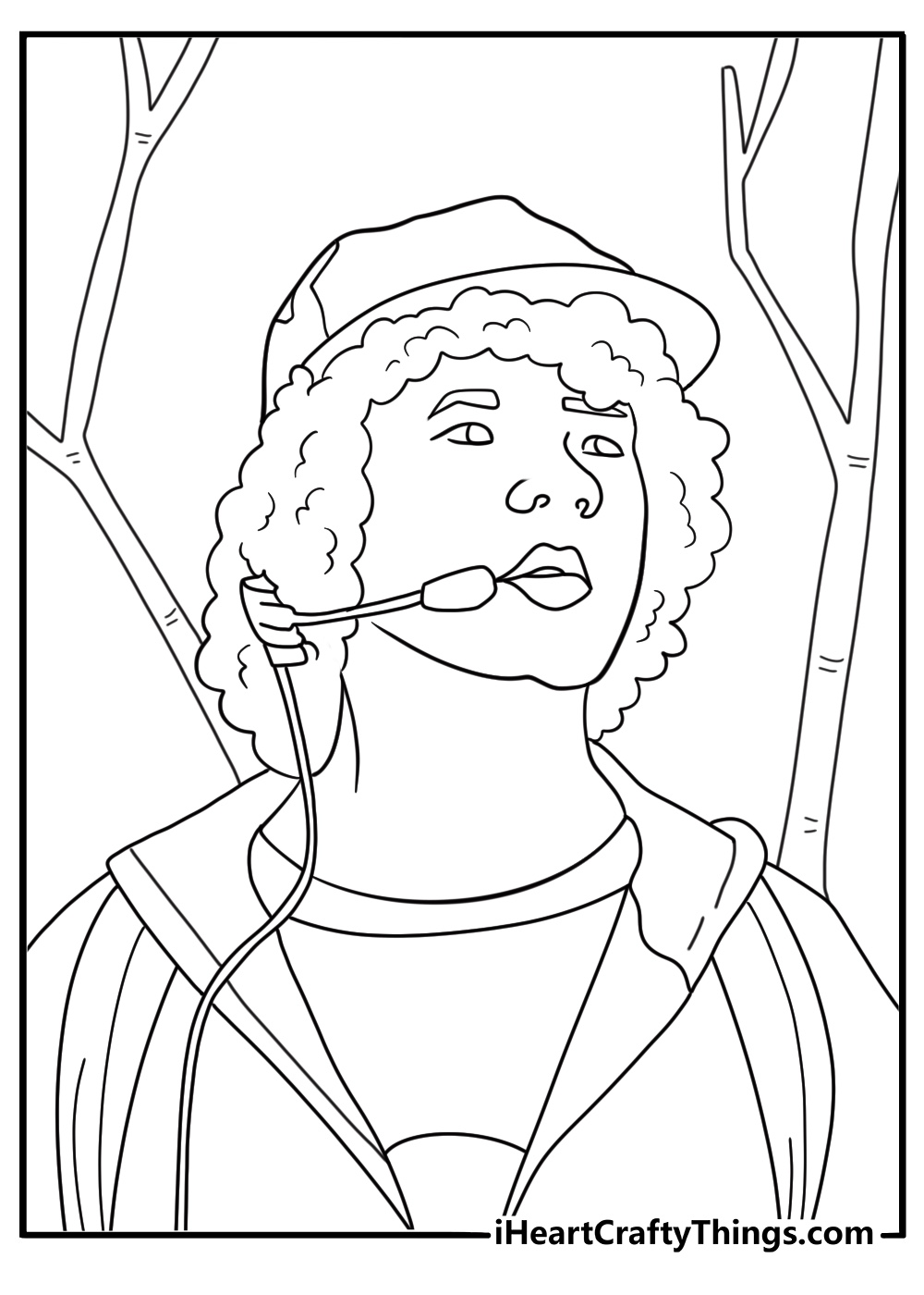 Dustin Henderson wearing cap with radio headset at a science fair table coloring page printable