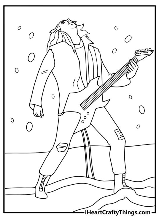 Eddie Munson playing electric guitar on a rock while bats circle above epic detailed coloring poster