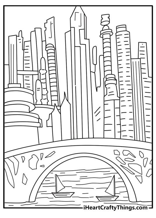 Element City canal scene with bridges and boats advanced coloring page for adults PDF