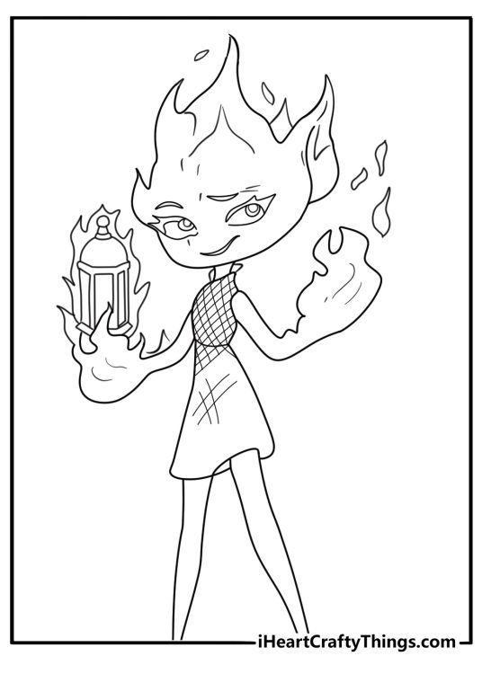 Ember shaping flames into lantern lights detailed coloring page PDF download