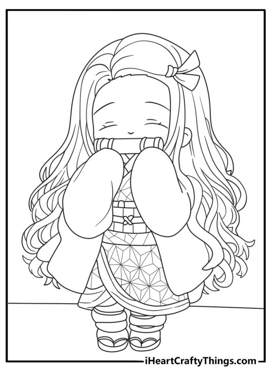 Fans can color Nezuko holding the edge of her long kimono sleeve