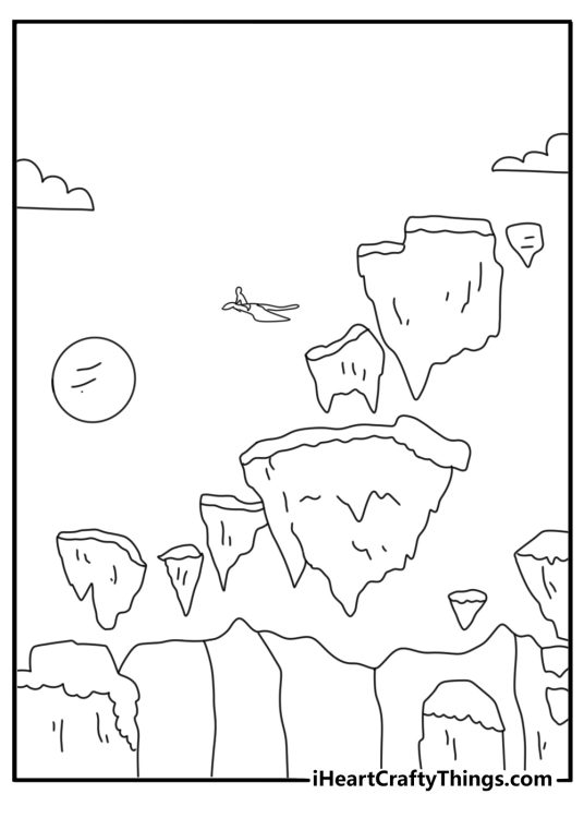 Floating mountains above clouds with flying seeds printable avatar coloring page