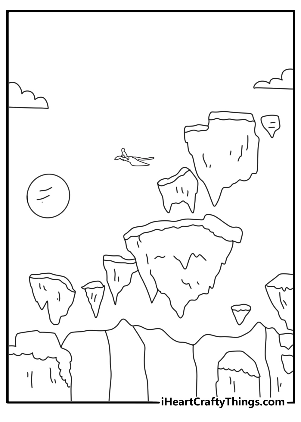 Floating mountains above clouds with flying seeds printable avatar coloring page