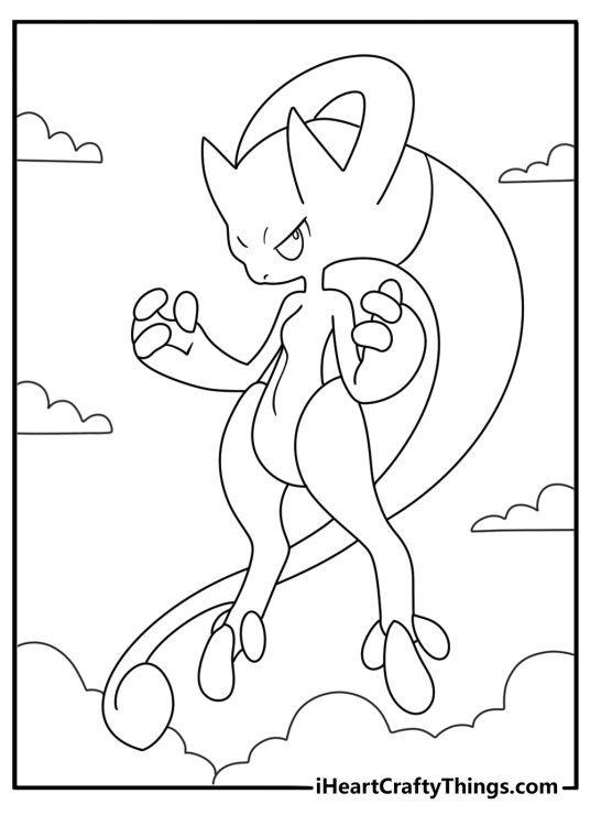 Free Mewtwo coloring page with Mega Mewtwo Y floating above clouds