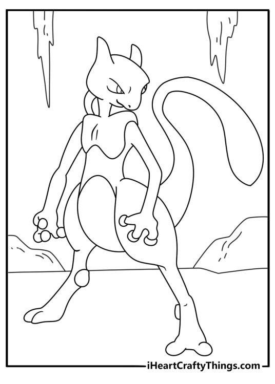 Free Mewtwo coloring pages printable with Mewtwo near a mountain cave