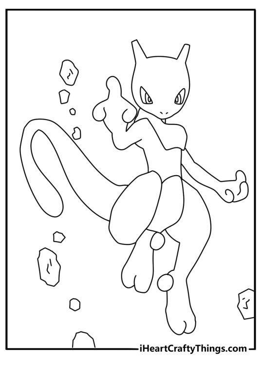 Free Mewtwo printable of Mewtwo using psychic power on floating stones