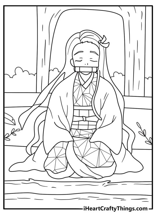 Free Nezuko coloring page featuring her near a quiet mountain shrine