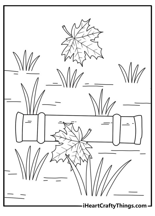 Free Nezuko printable featuring a bamboo muzzle beside fallen maple leaves