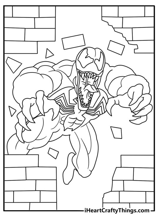 Free Venom coloring pages printable with Venom bursting through a brick wall