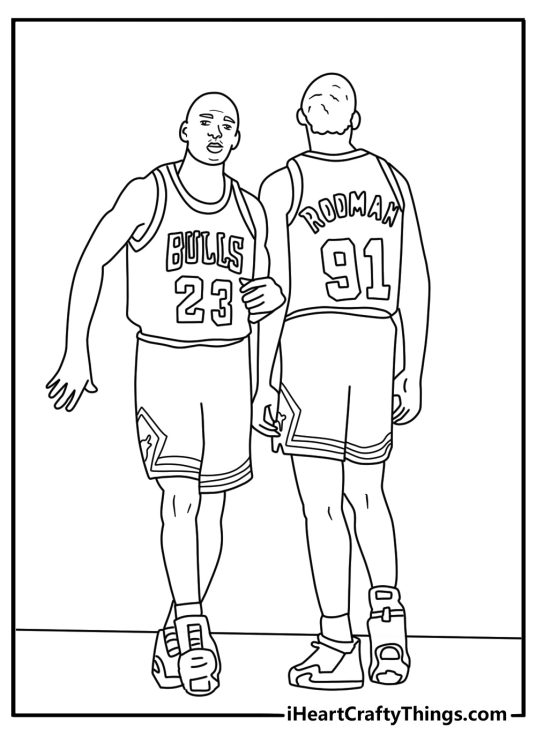 Free basketball coloring page showing Jordan calling a team play