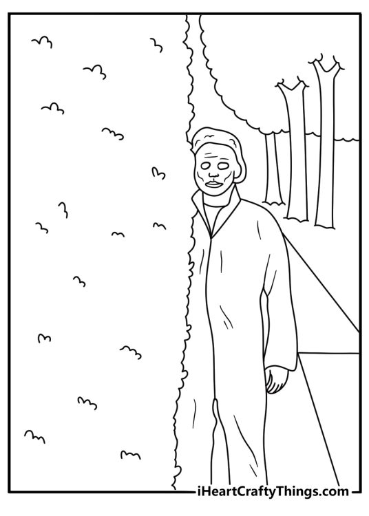 Free horror printable featuring Michael watching from behind a tall hedge
