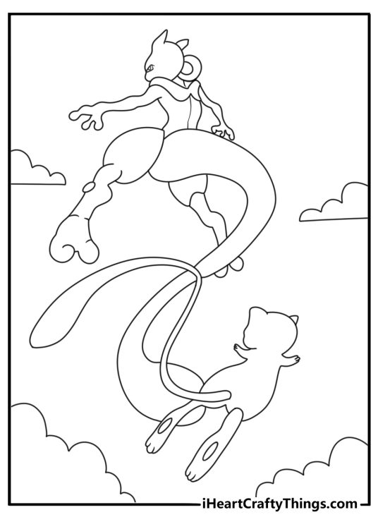 Free printable Mewtwo coloring sheet with Mewtwo facing Mew in the sky