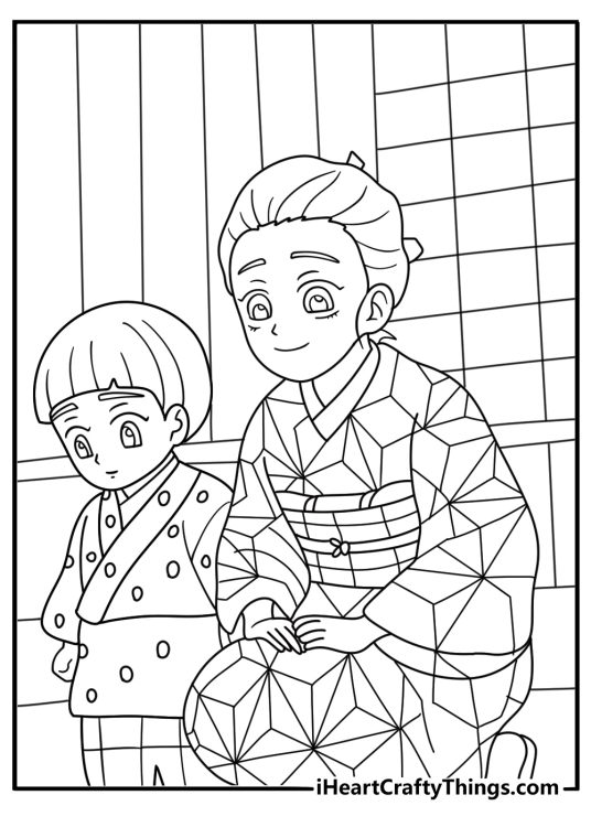 Free printable Nezuko sheet showing her protecting a small child