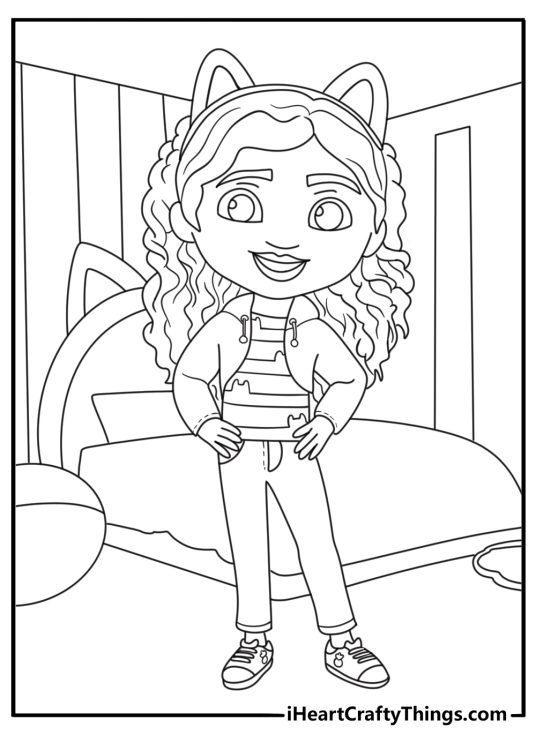 Gabby cat coloring page showing Gabby wearing cat ears headband in her bedroom