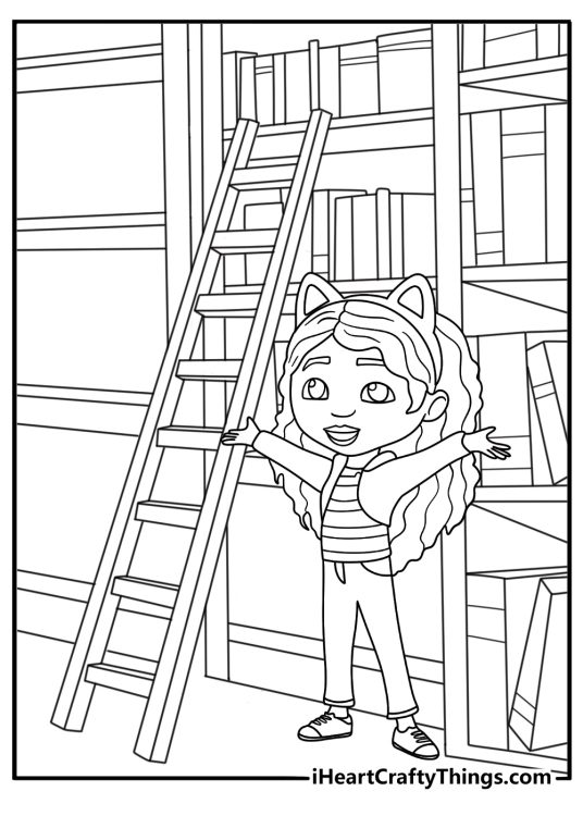 Gabby using tiny ladder to reach high shelf in dollhouse library coloring page