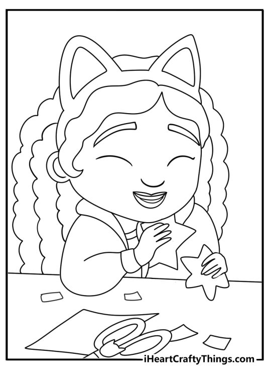 Gabbys Dollhouse coloring page with Gabby crafting paper stars at hobby table
