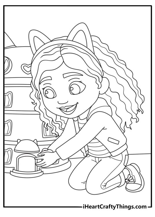 Gabbys Dollhouse coloring page with Gabby opening tiny pink door of the dollhouse
