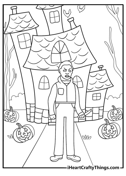 Halloween night surrounds Michael near a row of suburban houses