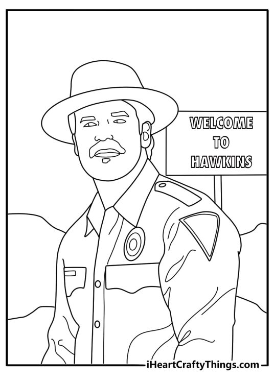 Hawkins sheriff Hopper in hat near town welcome sign simple coloring sheet for kids download