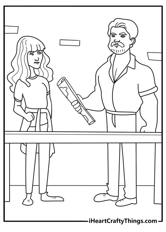 Hopper and Joyce using a map of Hawkins at a table planning rescue detailed coloring picture