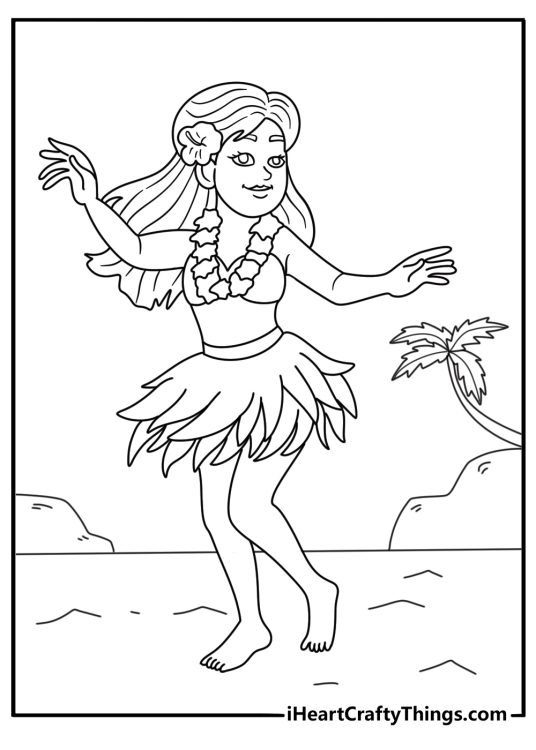 Hula dancer in grass skirt cultural coloring sheet for kids