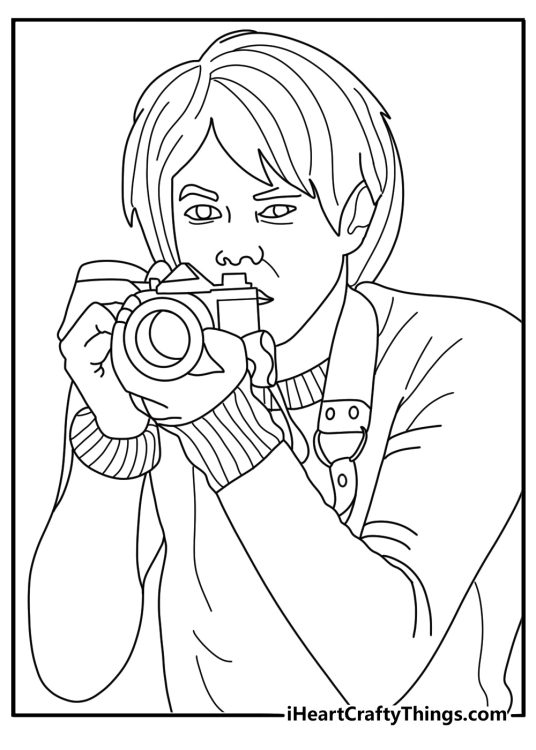 Jonathan Byers aiming a vintage camera at a forest path printable coloring picture for adults