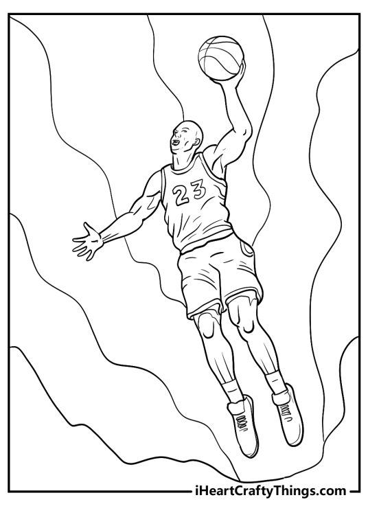 Coloring image of a Jordan soaring through the air with the ball with swirling lines in the background
