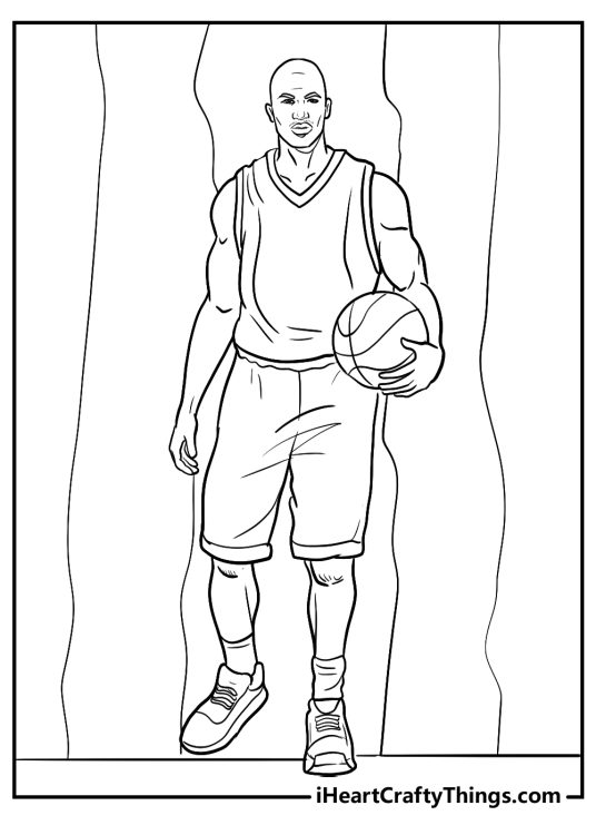 Image of a Michael Jordan standing calmly posed with a basketball in front of segmented background